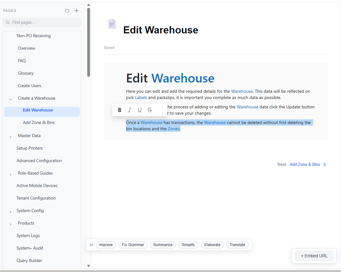 AI toolbar in OpenDocs editor with Improve, Fix Grammar, Summarize, Simplify, Elaborate, and Translate actions