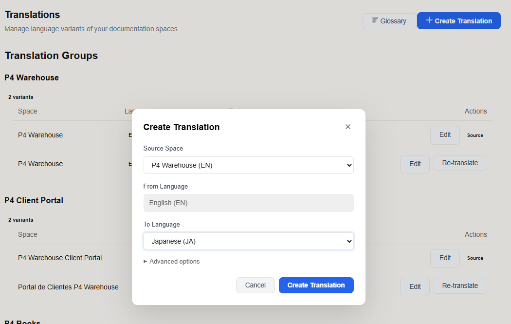 AI translation management in OpenDocs showing Create Translation dialog with language selection