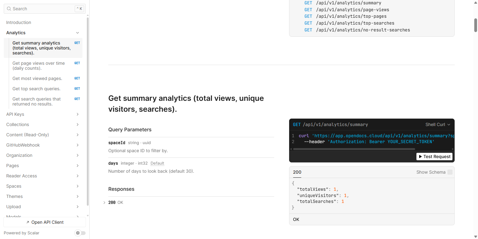 Grupos de endpoints da API REST do OpenDocs incluindo Coleções, Conteúdo (somente leitura) e administração da Organização