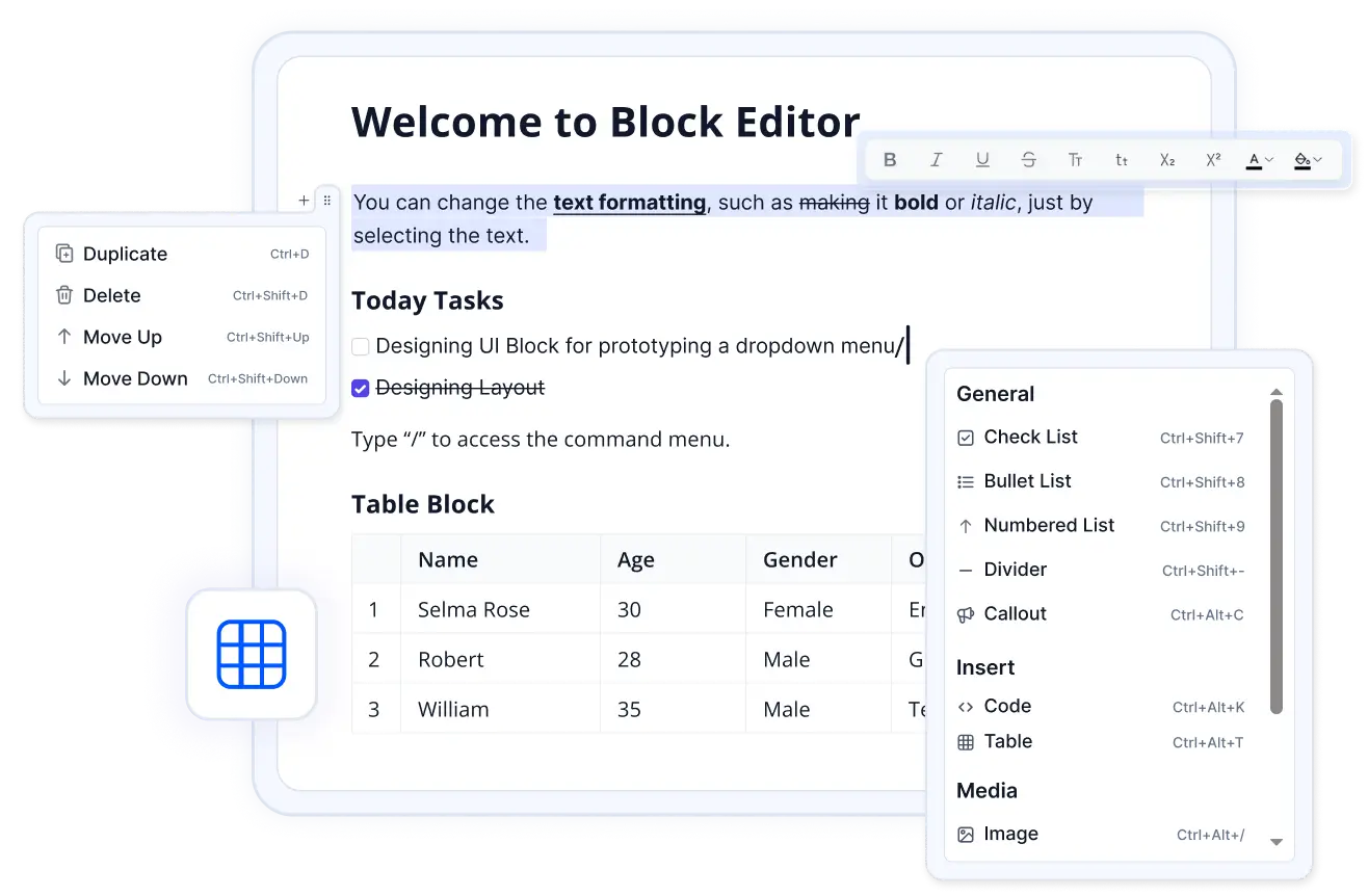 OpenDocs visual block editor showing rich content editing with drag-and-drop blocks