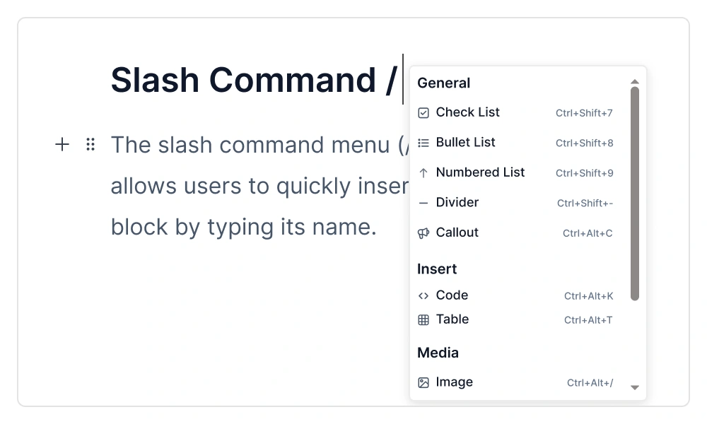 Menú de comandos slash para insertar tipos de bloques rápidamente