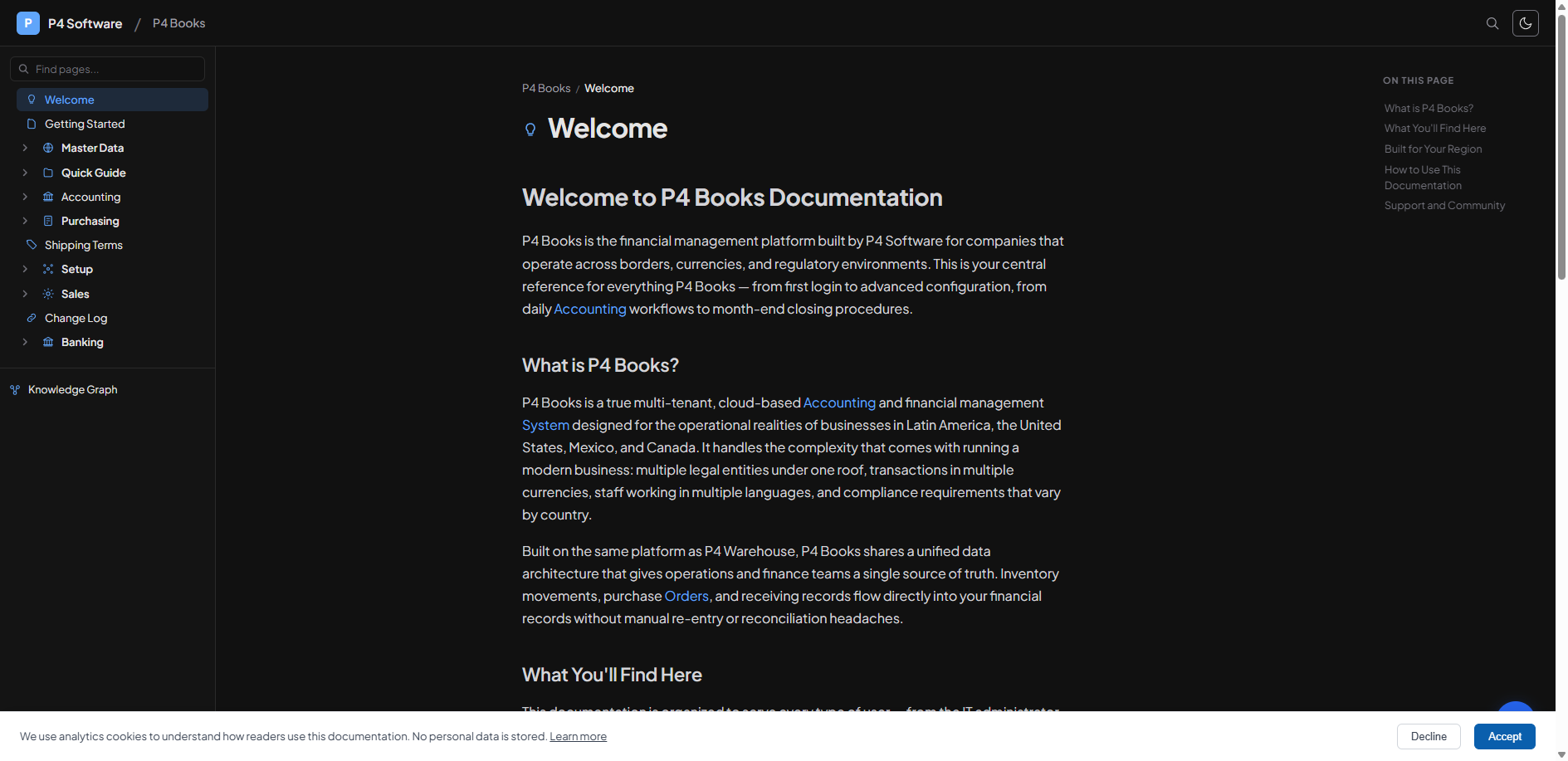 Published OpenDocs documentation site in dark mode — showing custom branding, logo, and themed navigation