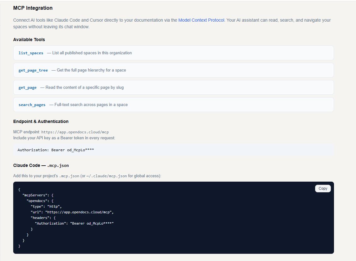 Configuración del servidor MCP en OpenDocs mostrando cómo habilitar un espacio de documentación como servidor Model Context Protocol