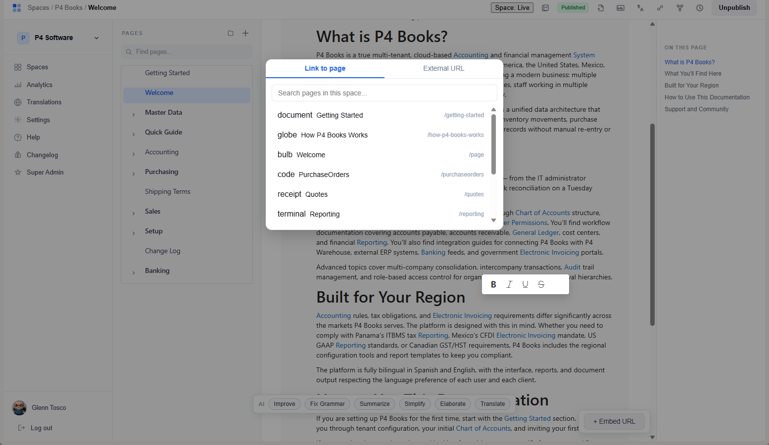 Vinculador de páginas no editor do OpenDocs para inserir links internos e URLs externas