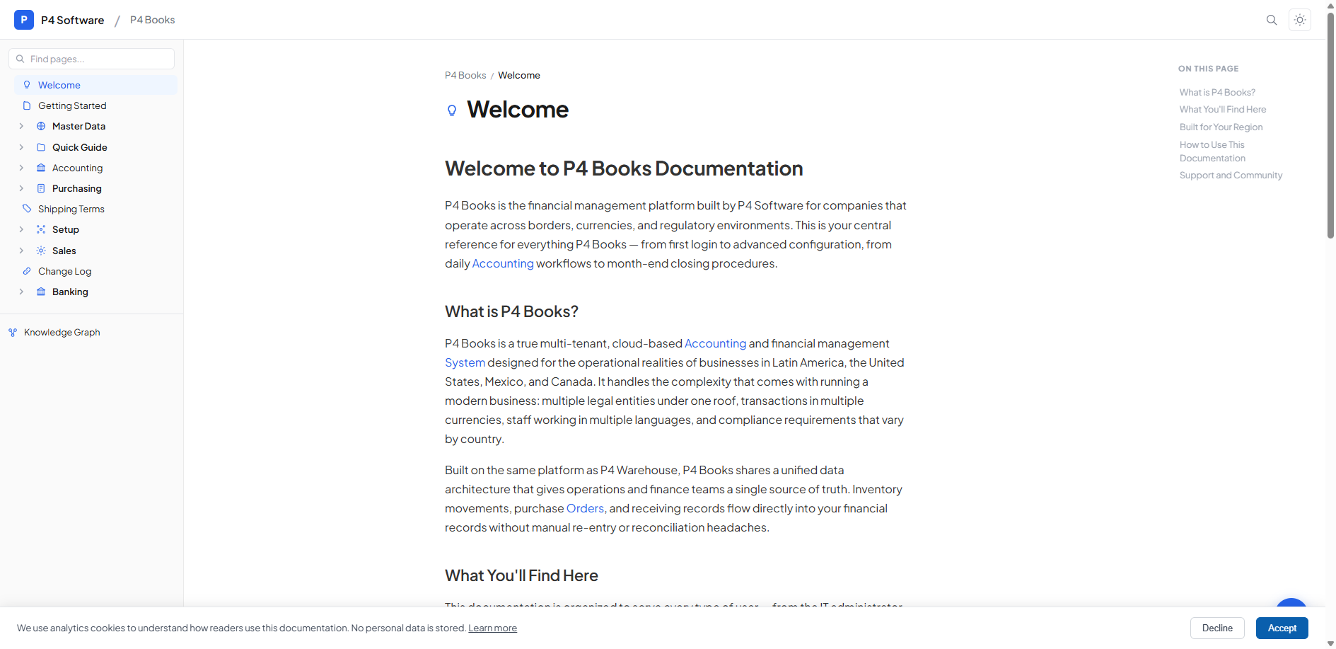 P4 Books product documentation site — showing sidebar navigation, breadcrumbs, and rich page content