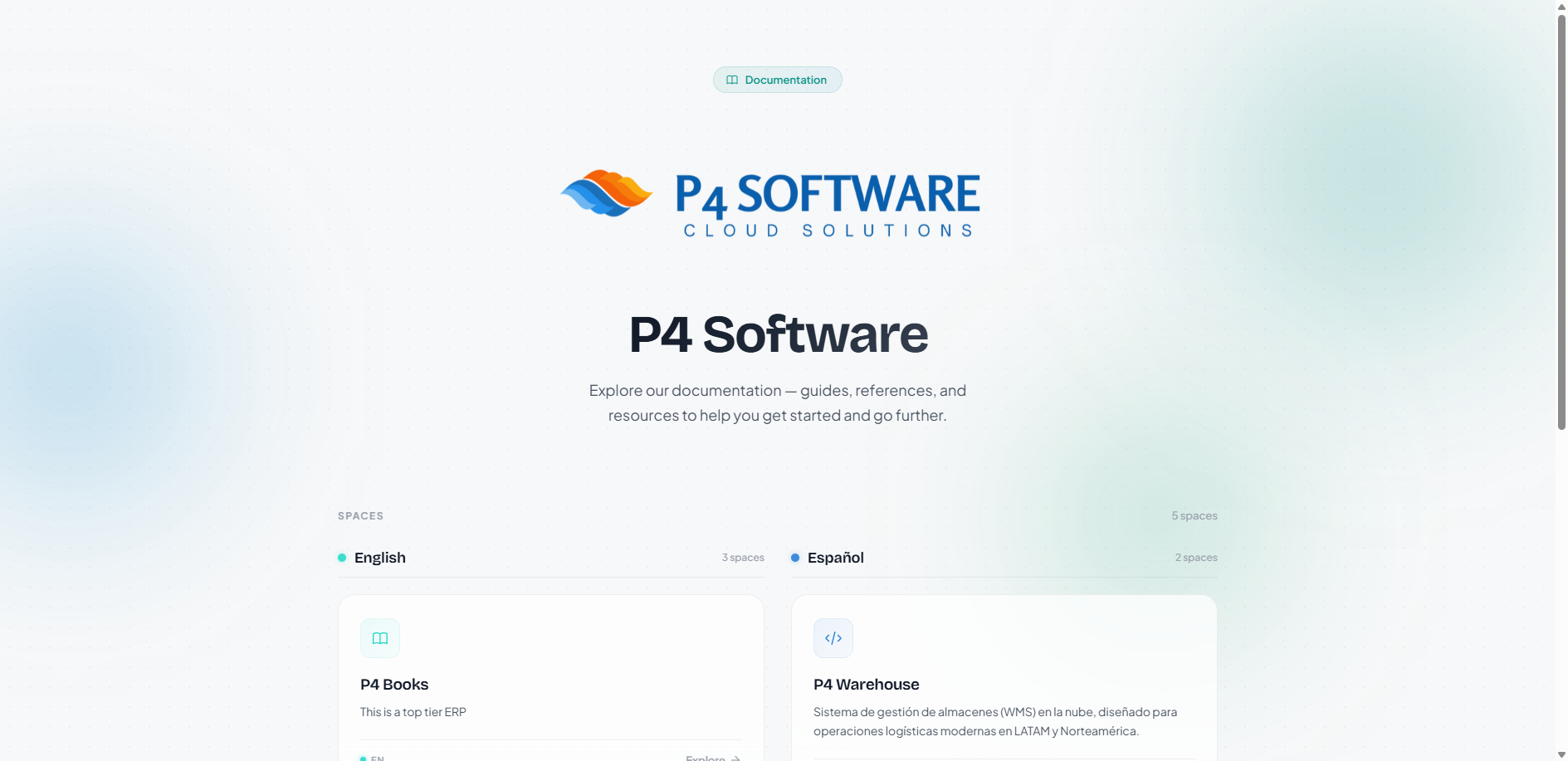 P4 Software published documentation site built on OpenDocs — showing branded logo, space cards, and multi-language support