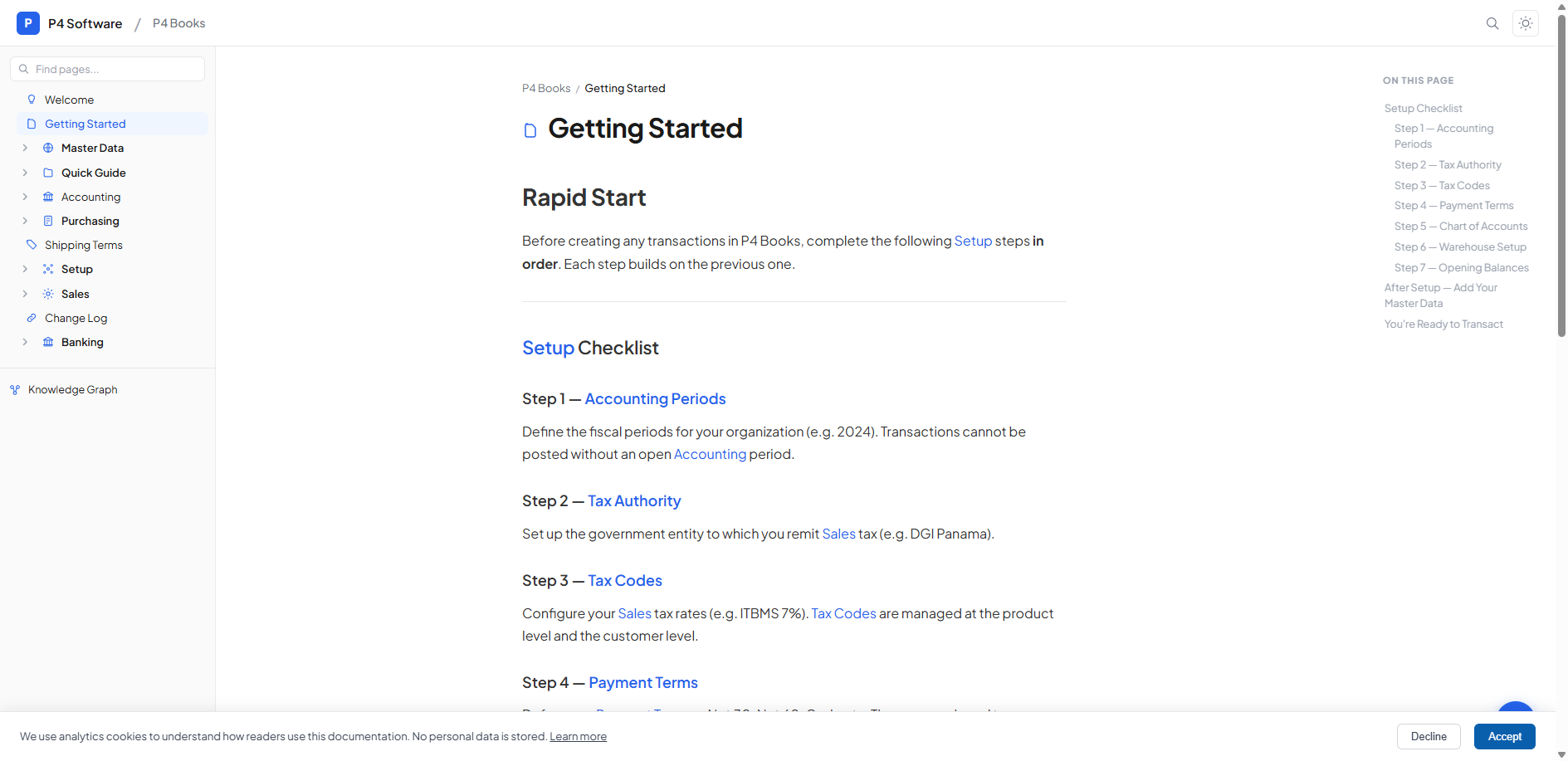 OpenDocs Getting Started page showing a numbered setup checklist — ideal for SOPs and process documentation