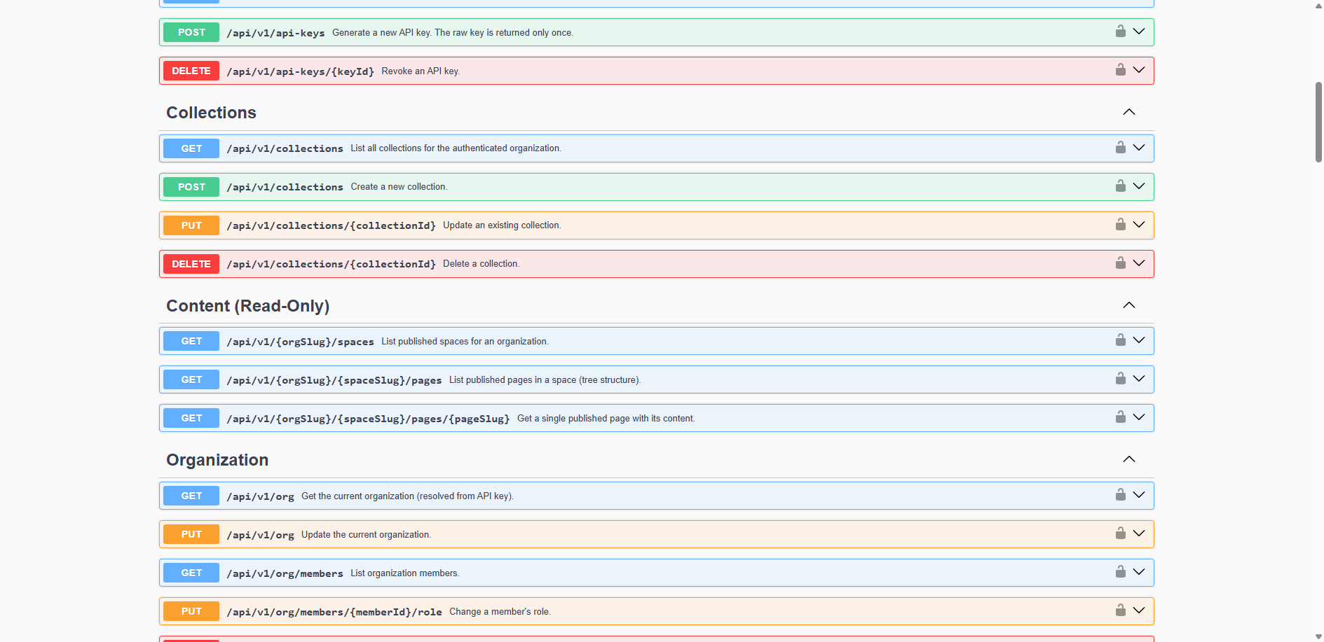 OpenDocs REST API endpoint groups including Collections, Content (Read-Only), and Organization management
