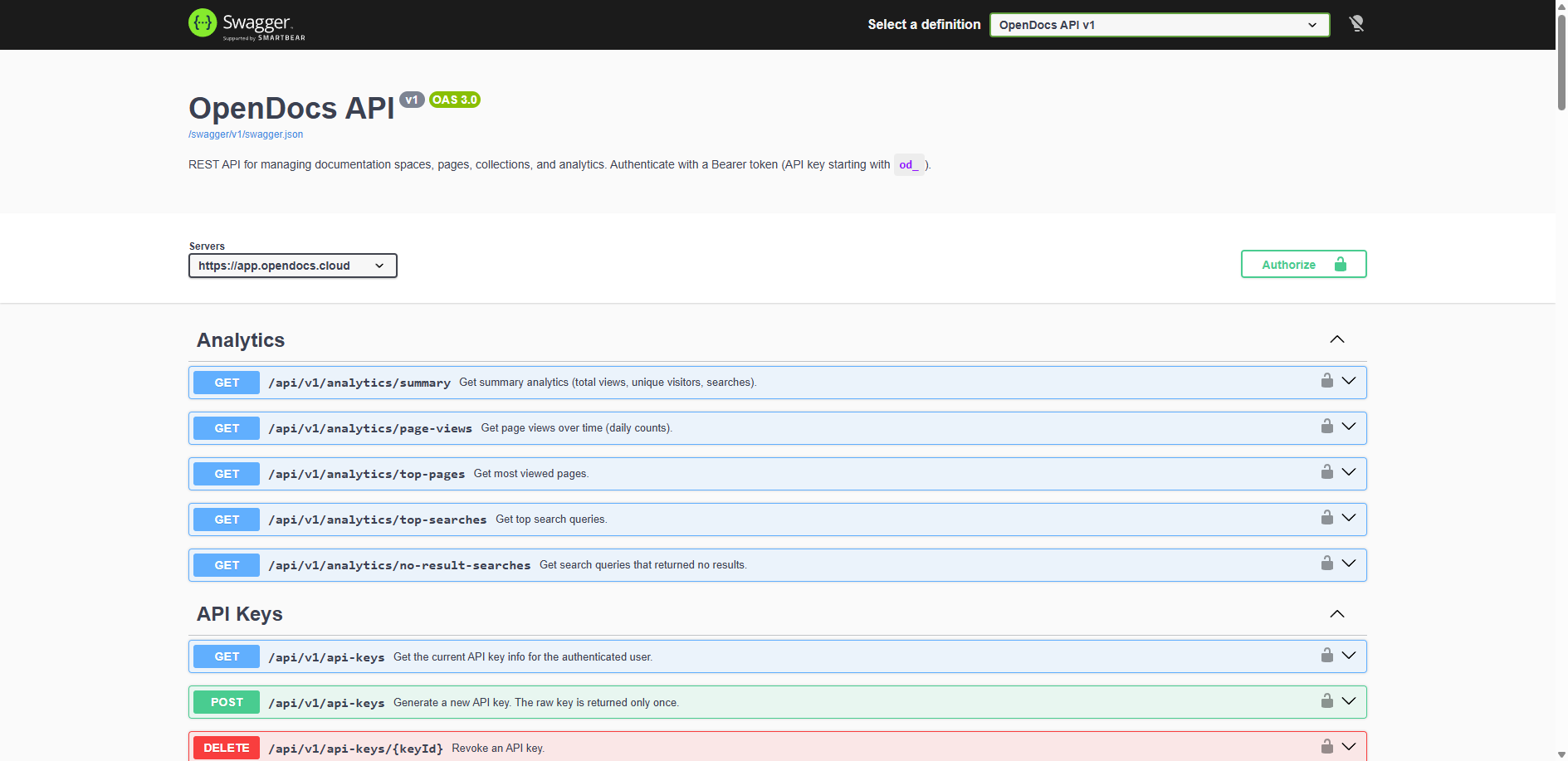 OpenDocs REST API Swagger UI showing OAS 3.0 spec with Analytics and API Keys endpoint groups